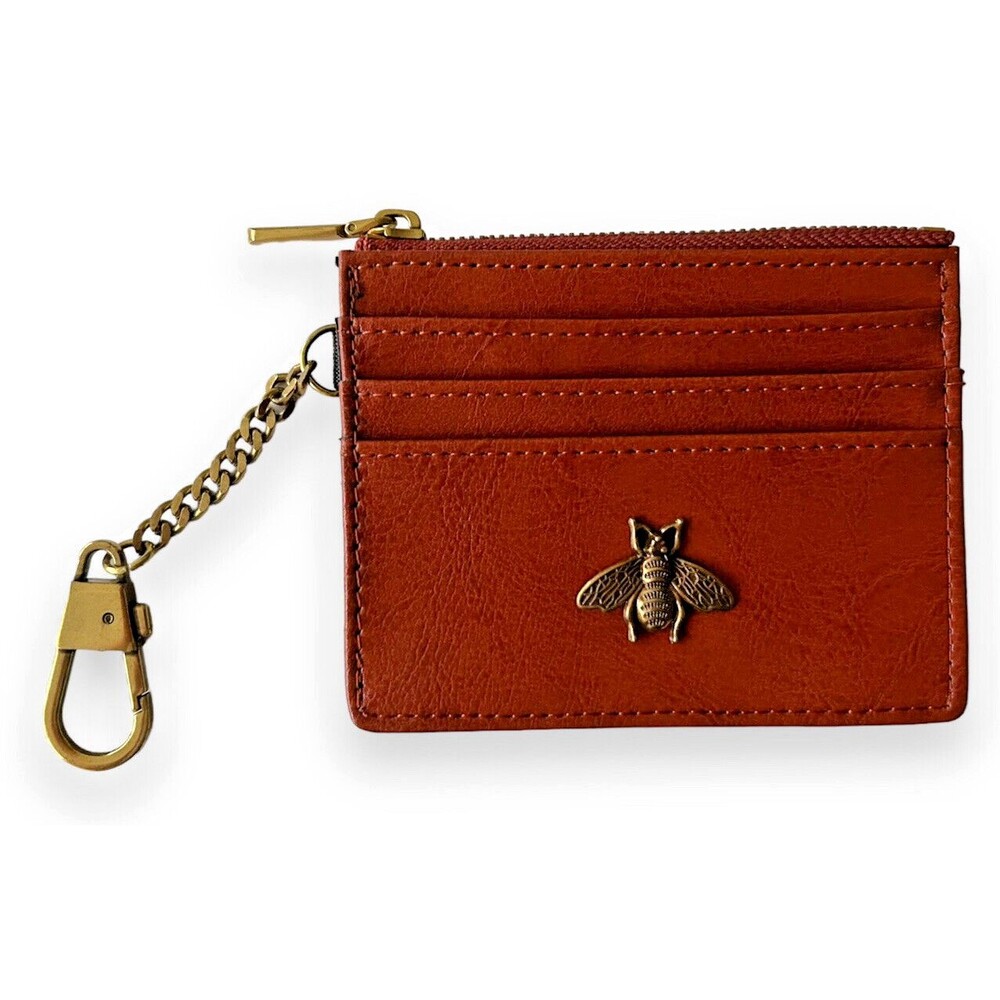 Small Brown Wallet Cards & Coins Holder Vtg Unisex Elegant Gold Keychain Italy